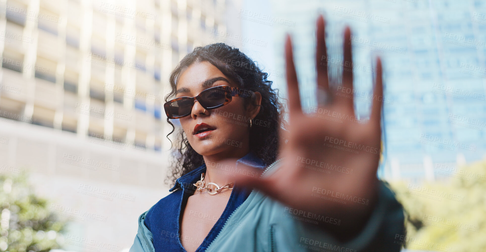 Buy stock photo Girl, sunglasses and portrait with hand frame in city for trendy style, designer brand or streetwear. Luxury fashion, aesthetic and person for confidence, eyewear or cool accessories in urban town