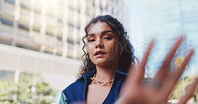 Buy stock photo Selfie, style and woman in city, frame hand and outdoor with sunshine, trendy clothes and gen z. Portrait, person and girl in New York, streetwear or fashion for confidence, travel or urban town