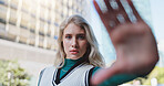 Selfie, fashion and woman in city, frame hand and outdoor with sunshine, style clothes and gen z. Face, person and girl in New York, streetwear or confidence with trendy look for travel or urban town