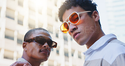 Buy stock photo Sunglasses, fashion and portrait of men in city for trendy style, designer brand or streetwear. Lens flare, aesthetic and male friends for confidence, eyewear or cool accessories in urban town