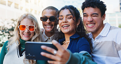 Buy stock photo Happy friends, fashion and style with selfie in city for memory, photography or outdoor moment together. Group of young people with smile for stylish clothing, picture or capture in an urban town