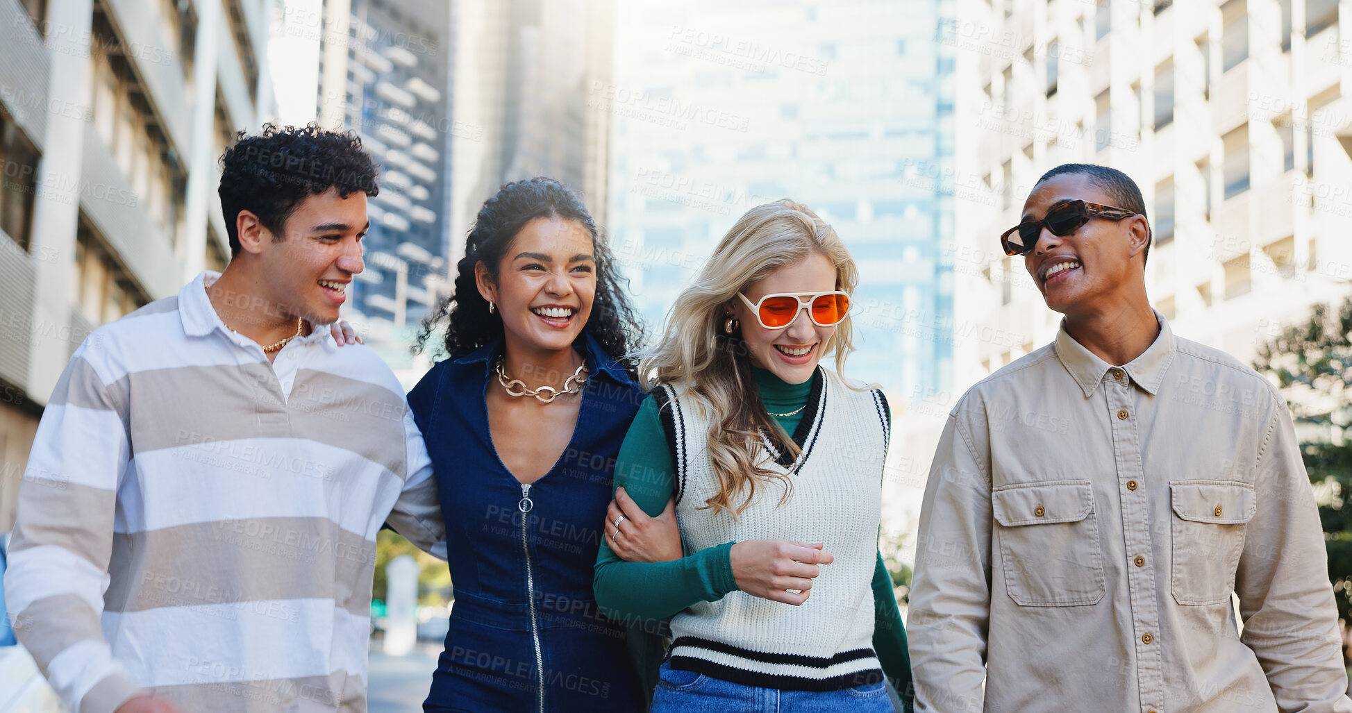 Buy stock photo Friends, group and fashion in city with laugh in outdoor with travel for journey in urban town. Diversity, happy and gen z with students or people on holiday in New York for adventure in street.