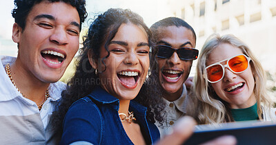 Buy stock photo Happy people, fashion and style with selfie in city for memory, photography or outdoor moment together. Group of young friends with smile for stylish clothing, picture or capture in an urban town