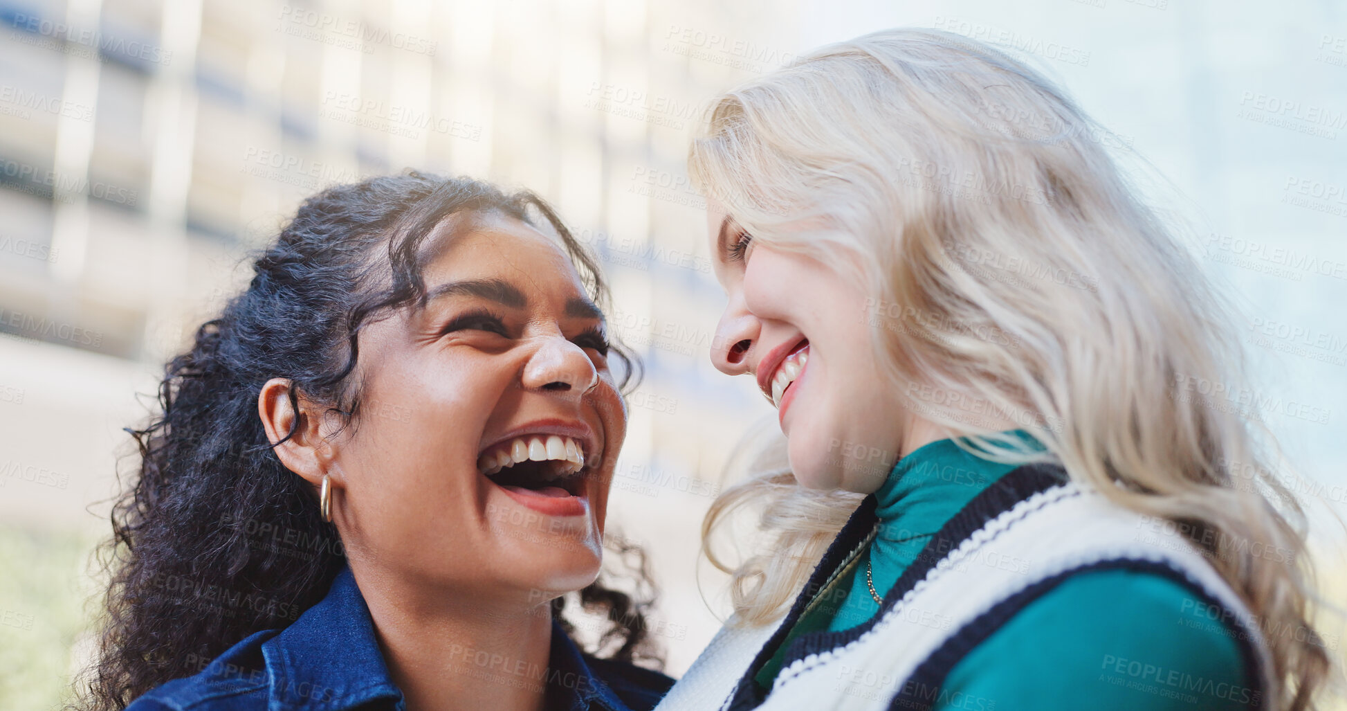 Buy stock photo Happy, woman and friends laughing outside in city together, bonding and relationship with diversity people downtown. Smile, support and funny female person and joke conversation, gossip and travel
