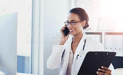 Buy stock photo Woman, doctor and phone call with clipboard in hospital for medical results, appointment schedule or virtual advice. Medicine, nurse and telehealth with online consultation, checkup and happy to help