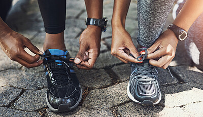 Buy stock photo Hands, people and shoelace as couple in outdoor for fitness, run and exercise activity, Relationship, training and workout with running shoes for health, wellness and wellbeing with support and prep