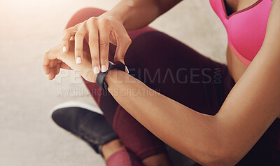 Buy stock photo Smart watch, fitness and hands of woman in city for exercise, training and workout in morning. Sports, runner and person check time or track heart rate for health, wellness and performance outdoors