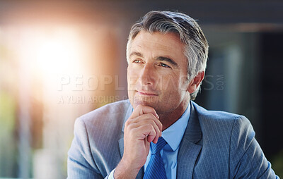 Buy stock photo Thinking, office and mature business man with ideas, solution and insight for finance company. Corporate, professional and person with lens flare for problem solving, brainstorming and planning