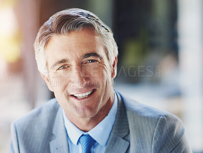 Buy stock photo Happy, corporate and portrait of mature businessman with company pride, confidence and smile. Entrepreneur, financial consultant and face of person in office for career, job opportunity and work