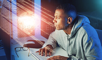 Buy stock photo Black man, hacker and code glitch overlay of cybersecurity problem with coding graphic for cybercrime. Programmer, night and software update on computer with hacking expert writing algorithm system