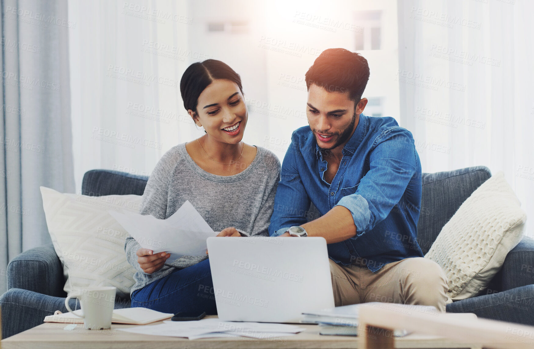 Buy stock photo Accounting, documents and laptop with couple on sofa in living room of home for bank payment. Computer, finance or paper with man and woman in apartment to review insurance, mortgage or taxes