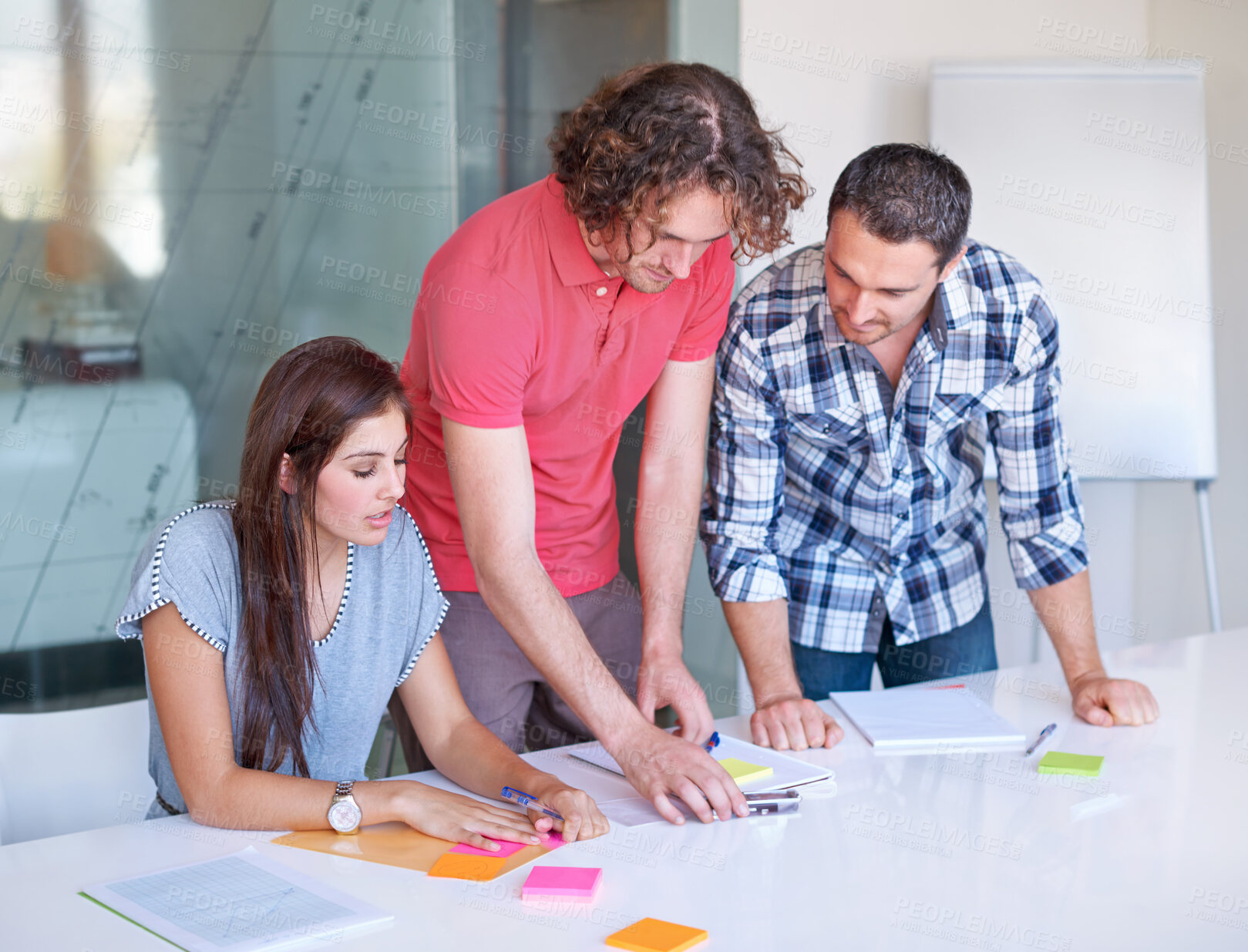 Buy stock photo Teamwork, brainstorming and business people on color palette at table in meeting, cooperation and collaboration in office startup. Creative group, designer and swatches, planning together or strategy