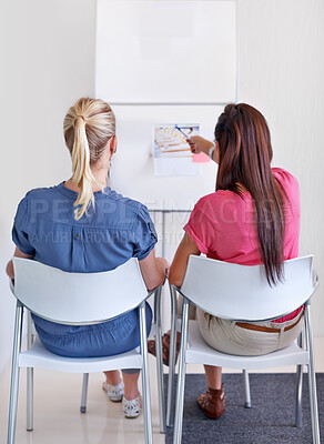 Buy stock photo Woman, pointing and whiteboard for sticky notes in office with back for discussion, planning or collaboration. Creative, writer or team for idea, moodboard or advice for magazine design by pictures