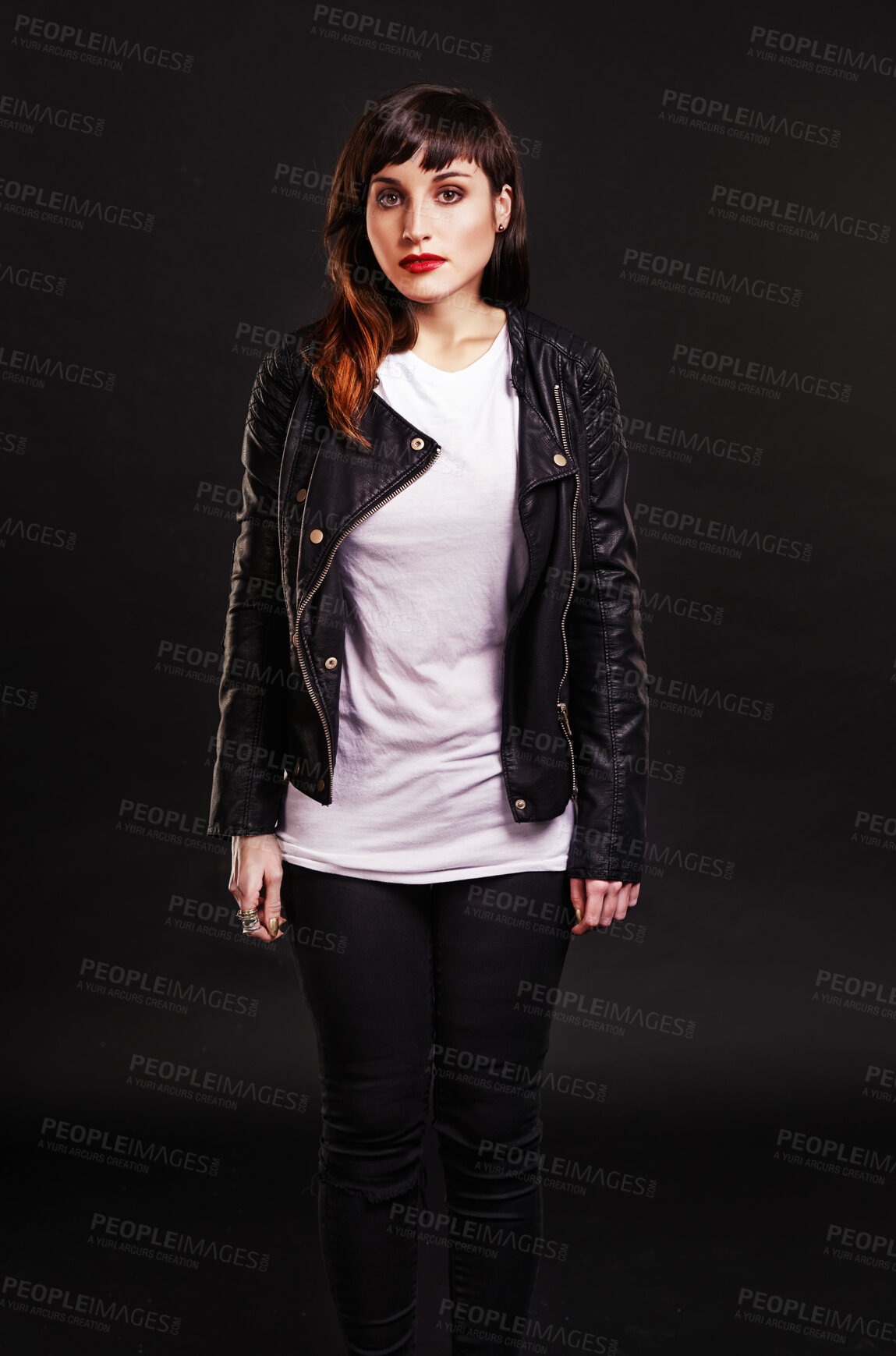 Buy stock photo Portrait, tattoo and gothic woman in a leather jacket on a black background for edgy style in studio. Dark, unique and cool female punk model with ink on skin for art, fashion or creative expression 