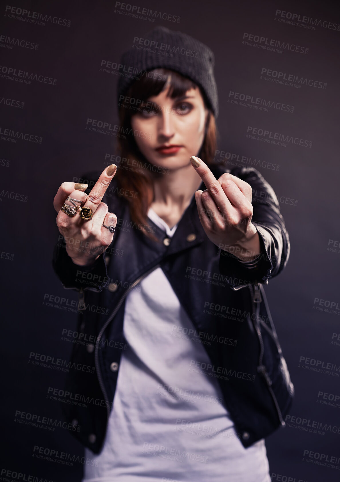 Buy stock photo Fashion, portrait or woman with middle finger, tattoo or attitude in studio with gothic, style or artistic expression on black background. Rebel, face or emo model with hand emoji or grunge aesthetic