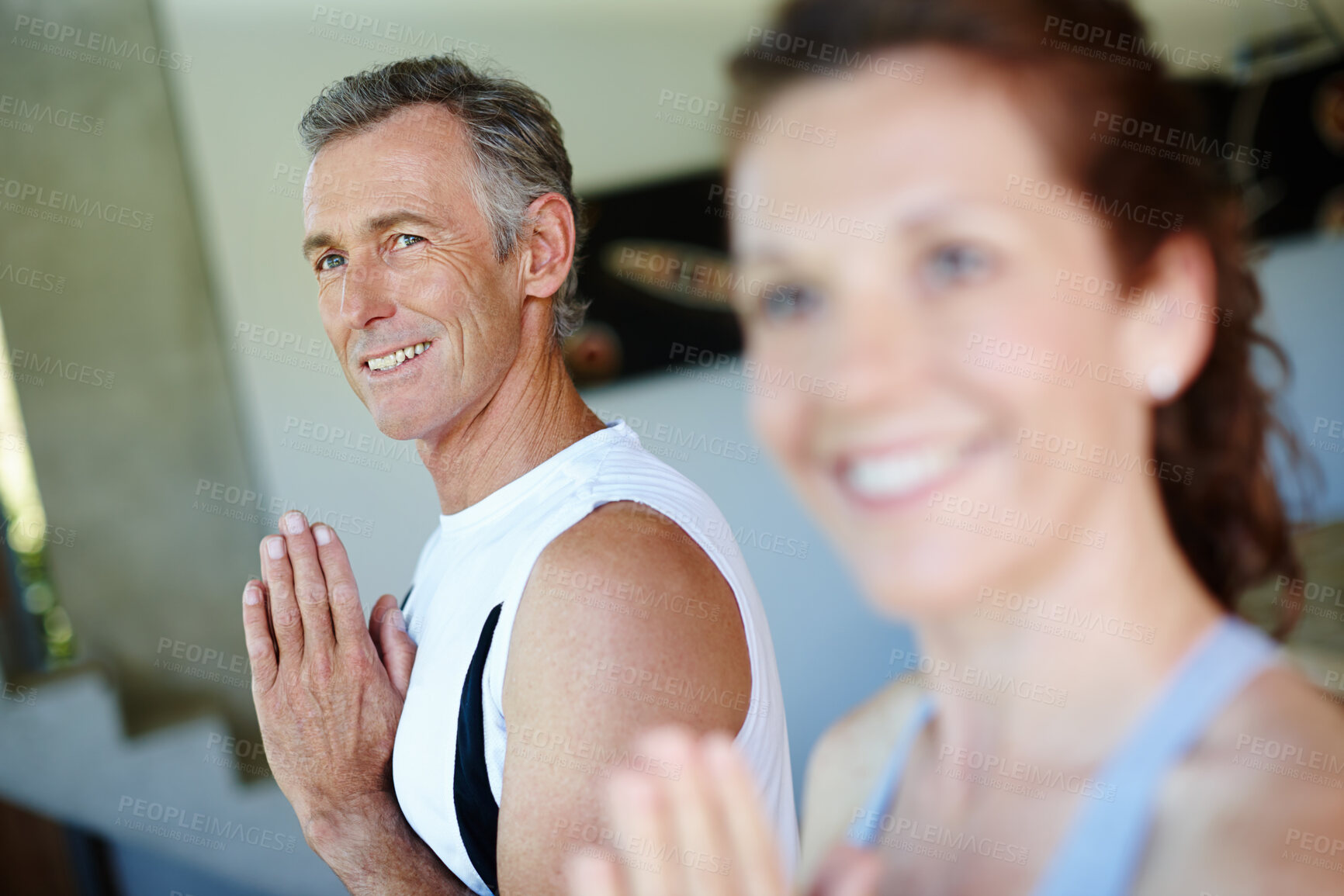 Buy stock photo Yoga class, smile and man for meditation, fitness and training for meditation and breath work. Wellness, health and couple in studio for zen and workout, pilates and mature man person for calm