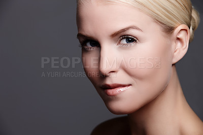 Buy stock photo Woman, portrait and cosmetic glow in studio, makeup and skincare on gray background. Female person, beauty and proud of dermatology foundation results, wellness and facial treatment or mockup space