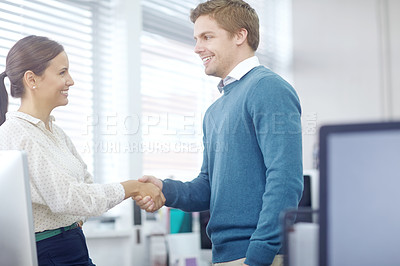 Buy stock photo Business, people and handshake for congratulations, deal and partnership with collaboration success. Human resources, welcome and thank you for recruitment, hiring or teamwork for happy employee