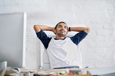 Buy stock photo Black man, relax and thinking in office on break for idea, work and career at company with computer. Creative worker, rest and planning in workplace by desk for vision, ui and web design with tech