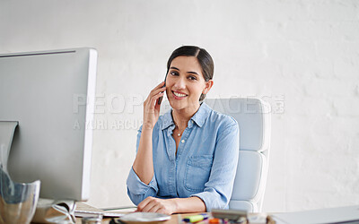 Buy stock photo Female creative, office and phone call by desk in portrait for career, web designer with computer for job. Businesswoman, table and happiness for remote work with mobile, tech for website development