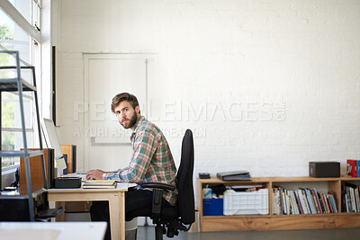 Buy stock photo Portrait, business and man in office, startup and creativity for project, graphic designer and career ambition. Face, person and entrepreneur in workplace, agency and pc with feedback and copywriting