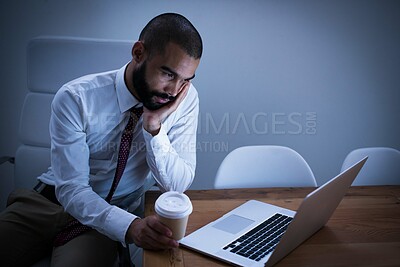 Buy stock photo Tired, businessman and headache from work stress and fatigue with laptop and coffee in office. Mental health, depression and male accountant with burnout from company audit with computer in boardroom