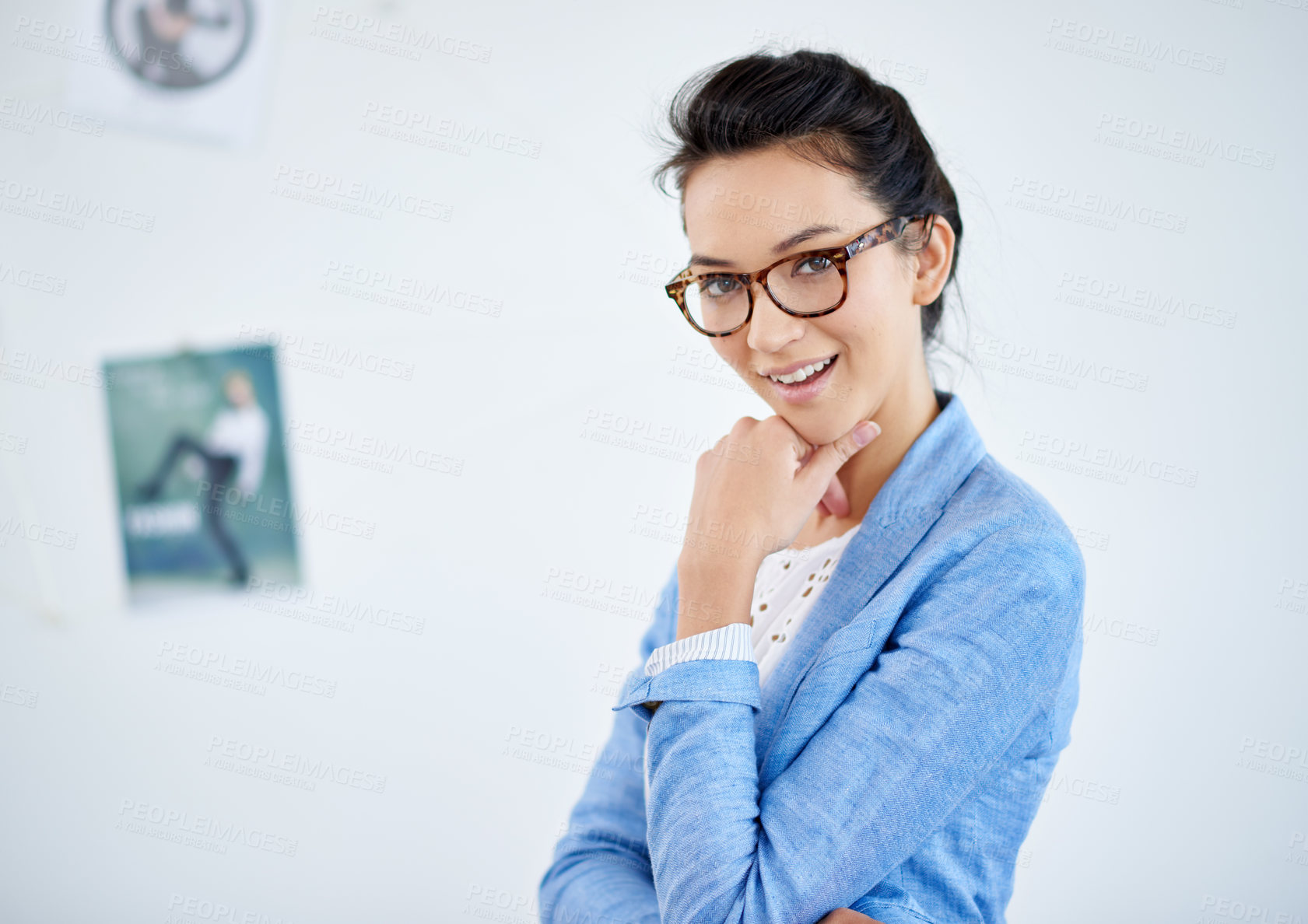 Buy stock photo Portrait, thinking and business woman in office for career, job or startup work in Spain. Face, graphic designer and smile of professional entrepreneur or creative employee with glasses at company