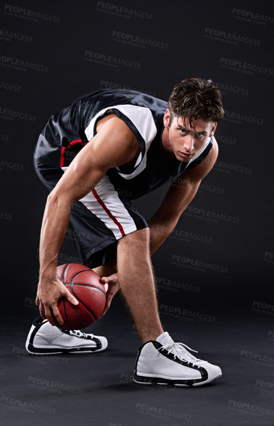 Buy stock photo Sports, man and basketball player with ball for training, exercise and workout isolated in studio. Fitness, male person and athlete for match practice and warm up preparation with dark background