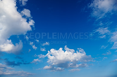 Buy stock photo Nature, air and calm sky with clouds, texture and warm climate with meteorology on blue horizon. Heaven, dream and summer weather with environment, greenhouse effect and natural skyline in morning