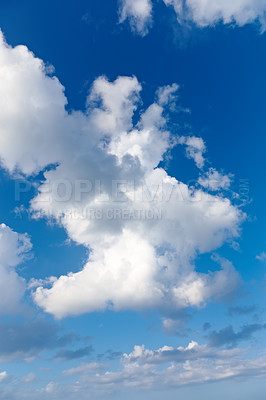 Buy stock photo Nature, sunshine and calm blue sky with clouds, texture and warm climate with meteorology on horizon. Heaven, spiritual dream and summer weather with environment, air and natural skyline in morning