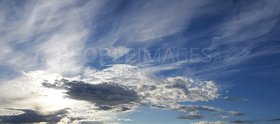 Buy stock photo Blue sky, clouds and sunlight in nature with background for wallpaper, banner and natural environment in summer. Weather, skyline and morning scenery with sunrise, cloudscape and heaven with climate