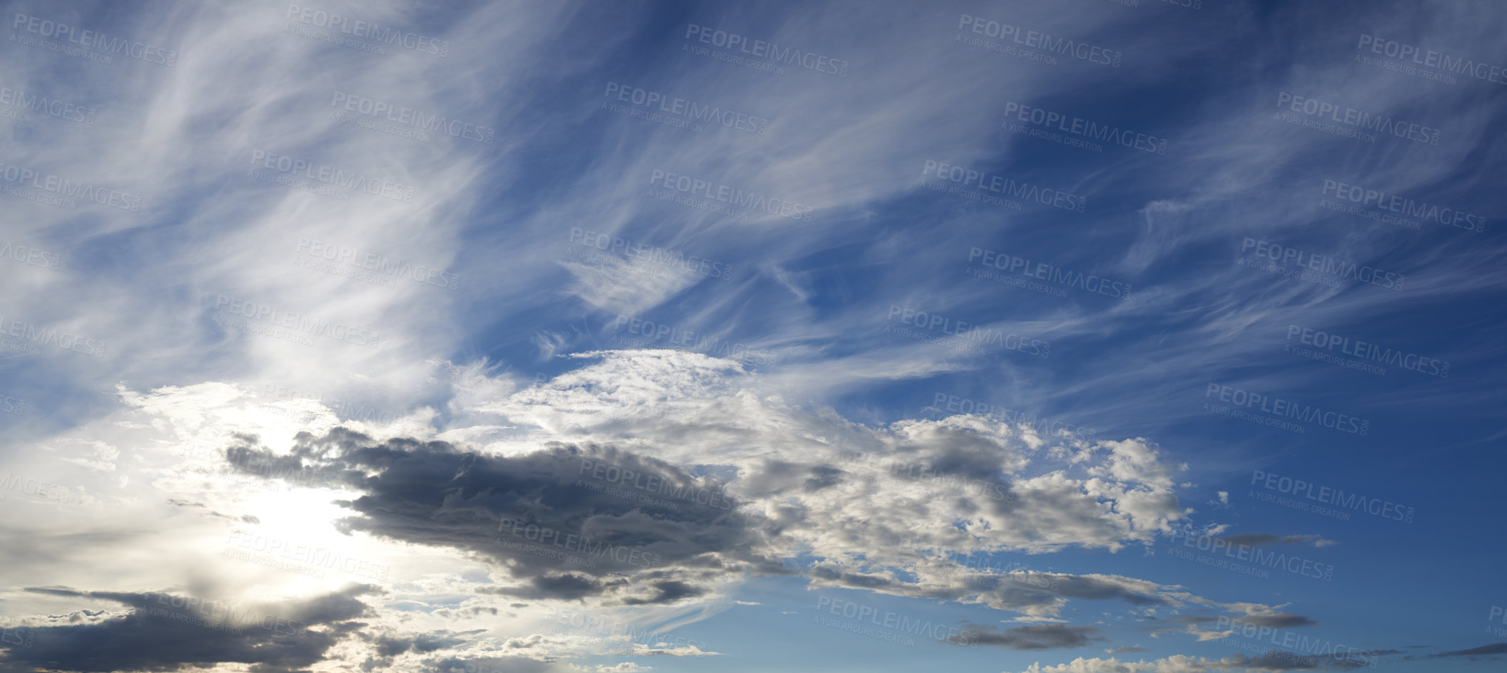 Buy stock photo Blue sky, clouds and sunlight in nature with background for wallpaper, banner and natural environment in summer. Weather, skyline and morning scenery with sunrise, cloudscape and heaven with climate