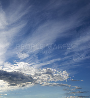 Buy stock photo Morning, blue sky and clouds in outdoor with weather for humidity, climate change or environment. Empty, nature and air with skyline for heaven, clean ozone or condensation with natural atmosphere