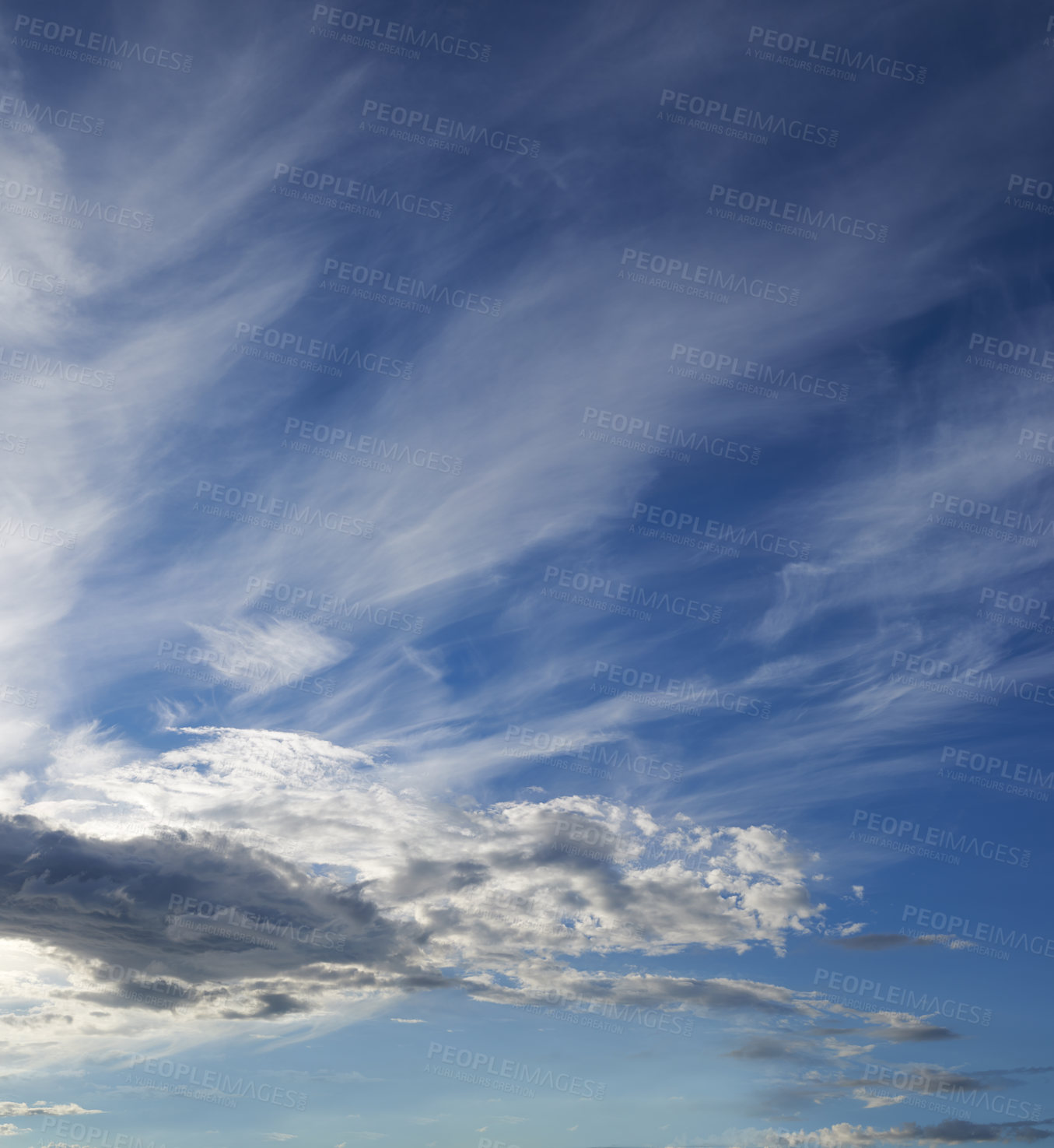 Buy stock photo Morning, blue sky and clouds in outdoor with weather for humidity, climate change or environment. Empty, nature and air with skyline for heaven, clean ozone or condensation with natural atmosphere