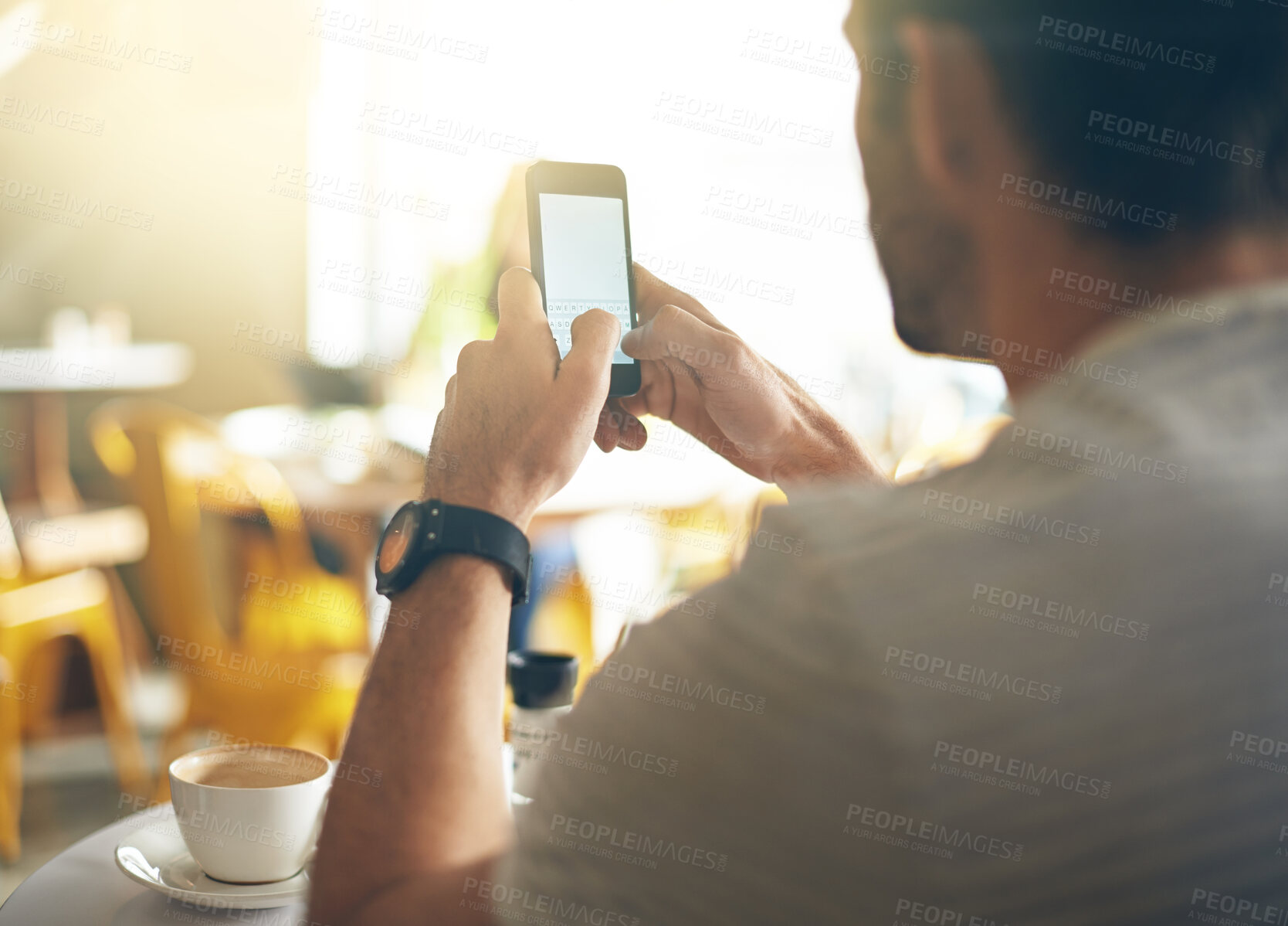 Buy stock photo Man, hands and typing with phone at coffee shop in social media, communication or networking at cafe. Closeup of male person on mobile smartphone for online chatting, texting or message at restaurant