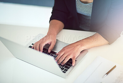 Buy stock photo Typing, laptop and hands of business worker in office for online project, research and proposal at desk. Corporate assistant, administration and person on computer for internet, website and planning