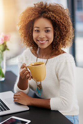 Buy stock photo Black woman, laptop and coffee in office with portrait, happy and online for media work in journalism. Girl, creative and beverage for drinking with relax by desk, entrepreneur and startup agency.