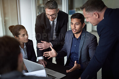 Buy stock photo Business people, director and laptop in meeting for talking, solution and collaboration in office. Leadership, teamwork or executive in group discussion for feedback, planning or project in corporate