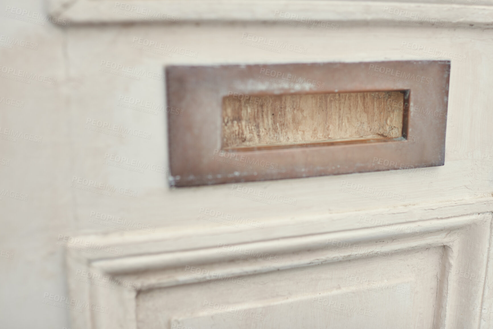 Buy stock photo Portrait, mailbox and person in waiting for news or letter on important, information or delivery. Eyes, excited and peeking in front door in home, anxiety and checking for update or feedback