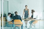 Office, meeting and computer for presentation, planning and erp notes with discussion for report. Men, women and team for business, teamwork and collaboration for partnership or b2b project