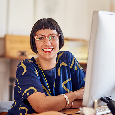 Buy stock photo Portrait, woman and graphic designer on computer with smile as entrepreneur, creative for agency or company. Female person, technology and office for website, online or small business as startup