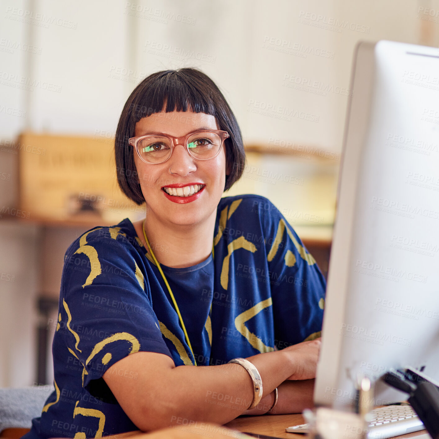 Buy stock photo Portrait, woman and graphic designer on computer with smile as entrepreneur, creative for agency or company. Female person, technology and office for website, online or small business as startup