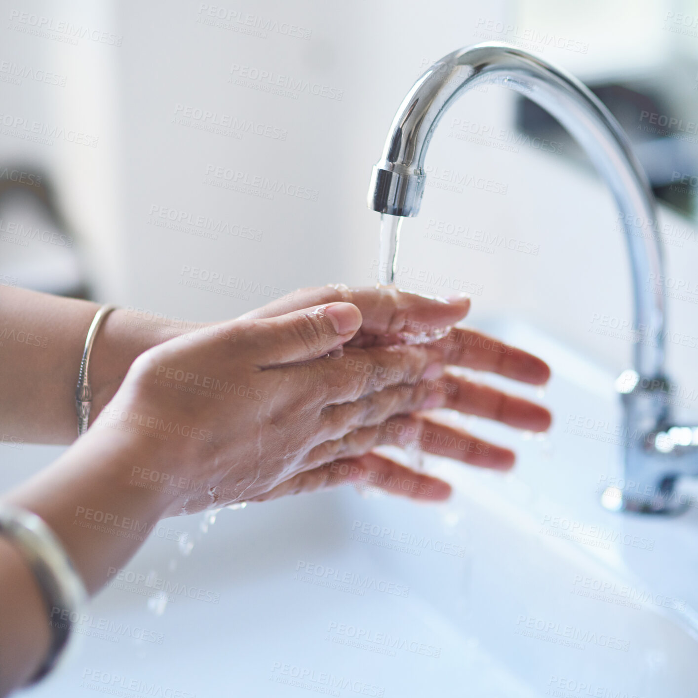 Buy stock photo Water, person and hands in bathroom for hygiene, cleaning and protection from germs at home. Health awareness,  washing in washroom and skincare with bacteria and cleanliness in house or at work