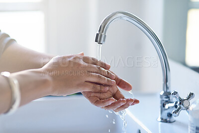 Buy stock photo Hands, person and water in bathroom for hygiene, cleaning and protection from germs at home. Covid awareness, woman and washing in washroom for skincare, bacteria and healthy cleanliness in house 