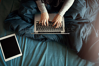 Buy stock photo Laptop, tablet and woman hands typing on bed for research on creative project with book report online. Bedroom, mockup and female copywriter work on computer and digital technology from above at home