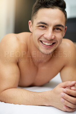 Buy stock photo Man, bed and portrait in home at morning with confidence and smile while awake and shirtless. House, bedroom and happy face on a mattress waking up from lazy rest on comfy linen with a break