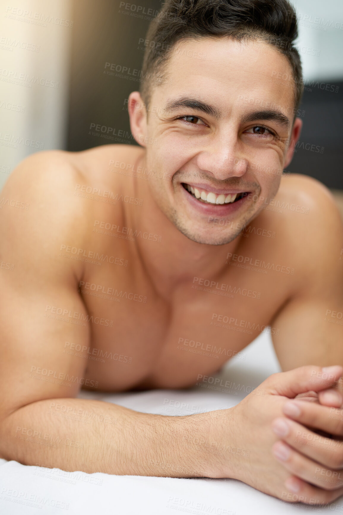 Buy stock photo Man, bed and portrait in home at morning with confidence and smile while awake and shirtless. House, bedroom and happy face on a mattress waking up from lazy rest on comfy linen with a break