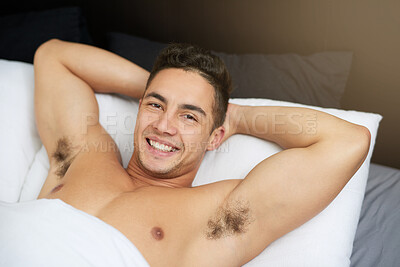 Buy stock photo Relax man, bed and portrait in home at morning with confidence and smile after sleeping, nap and student. House, bedroom and happy face on mattress waking up from rest on comfy linen with a break