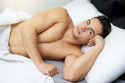 Buy stock photo Man, bed and portrait in home at morning with student and relax while shirtless and calm. House, bedroom and awake gen z face on a mattress waking up from lazy rest on comfy linen with a break