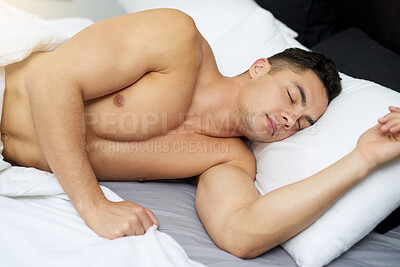 Buy stock photo Sleeping, man and bed in the morning with nap, rest and dreaming in bedroom at home. Relax, house and comfortable on pillow under a blanket with tired, fatigue and calm guy with linen duvet on break